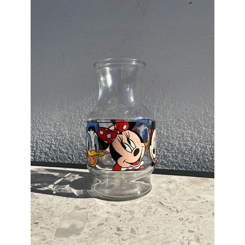 DISNEY Vintage‎ 1986 Mickey Minnie Daffy Duck Glass Carafe Pitcher Decanter Vase